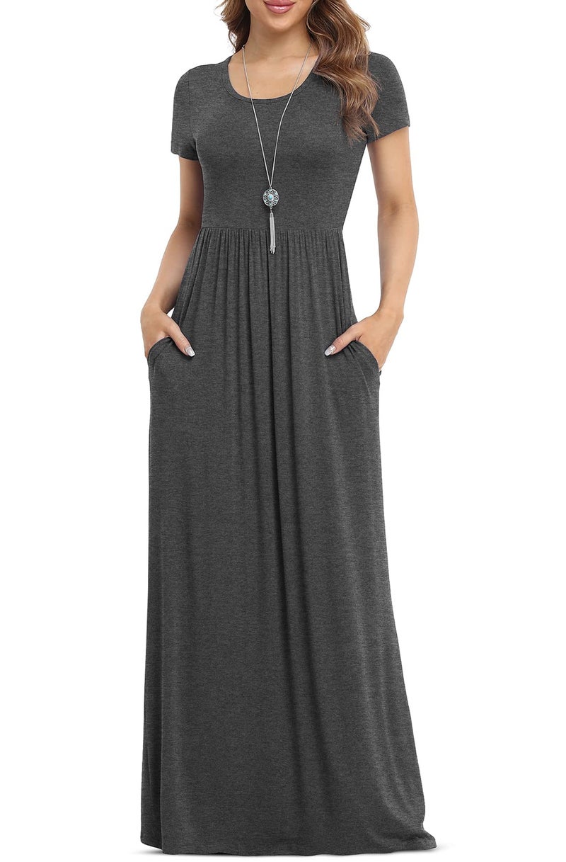 VIISHOW Women's Short Sleeve Loose Plain Maxi Dresses Casual Long Dresses with Pocketsï¼ˆGrey,Largeï¼‰ - Image 1